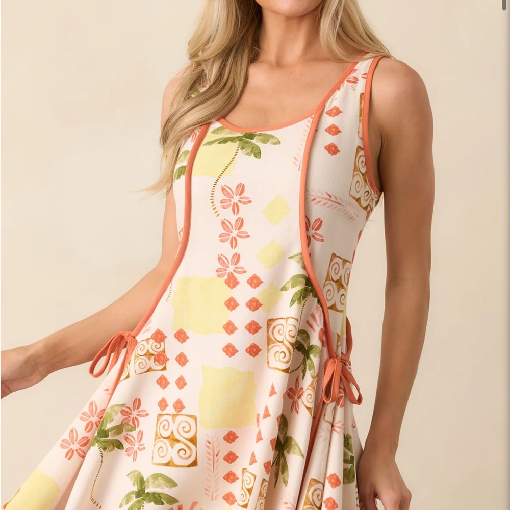 Big Love Lizard Thicket Beige Linen Blend Tropical Dress Knee‎ Length L New